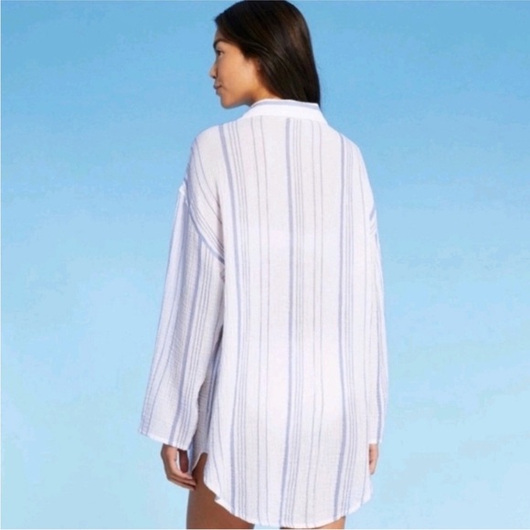 Kona Sol Size Small Gauze Blue & White Stripe Oversized Button Up Swim Coverup - Picture 2 of 6